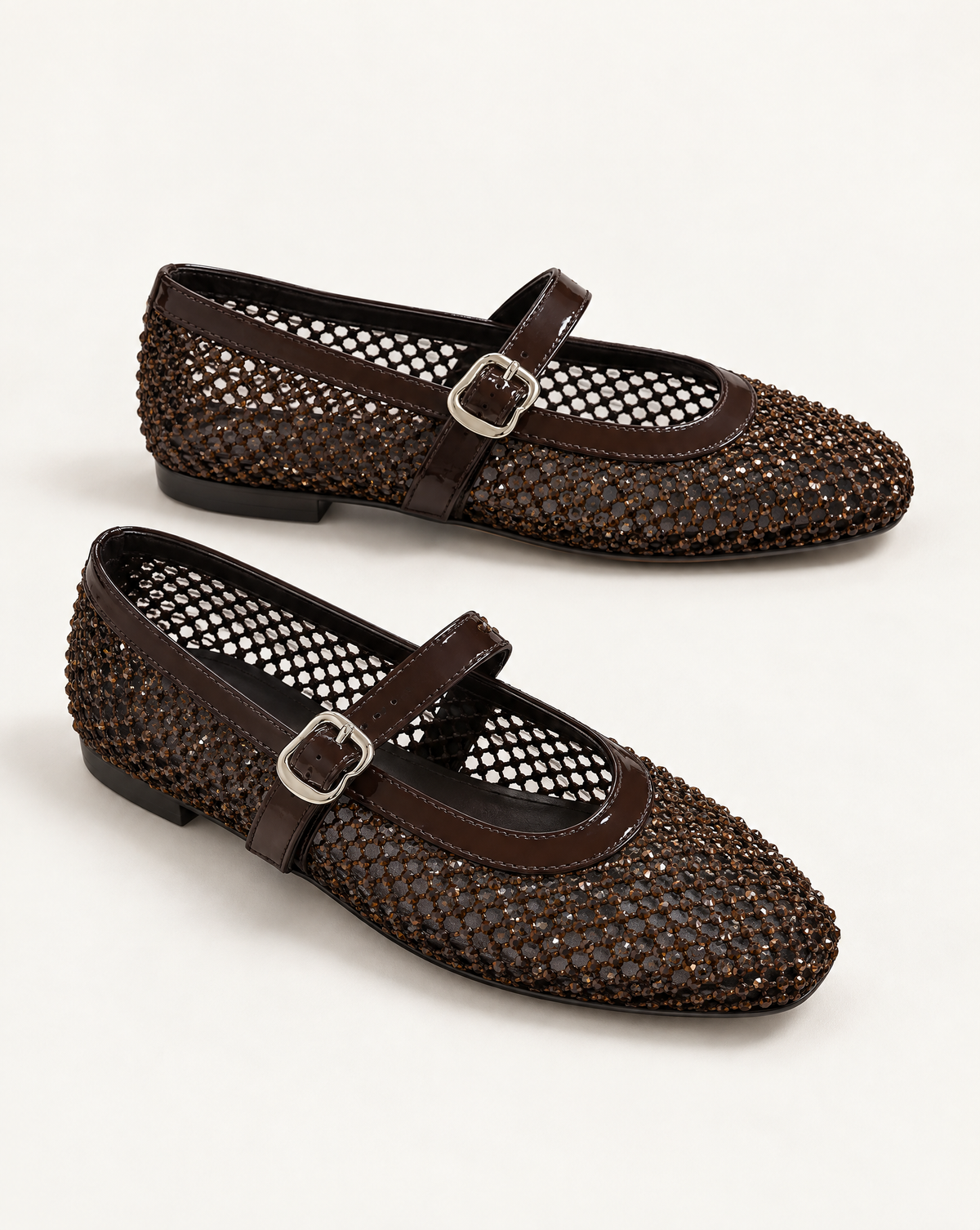 Ballerine Mary Jane in rete con strass OM 648-26 Marrone – laterale