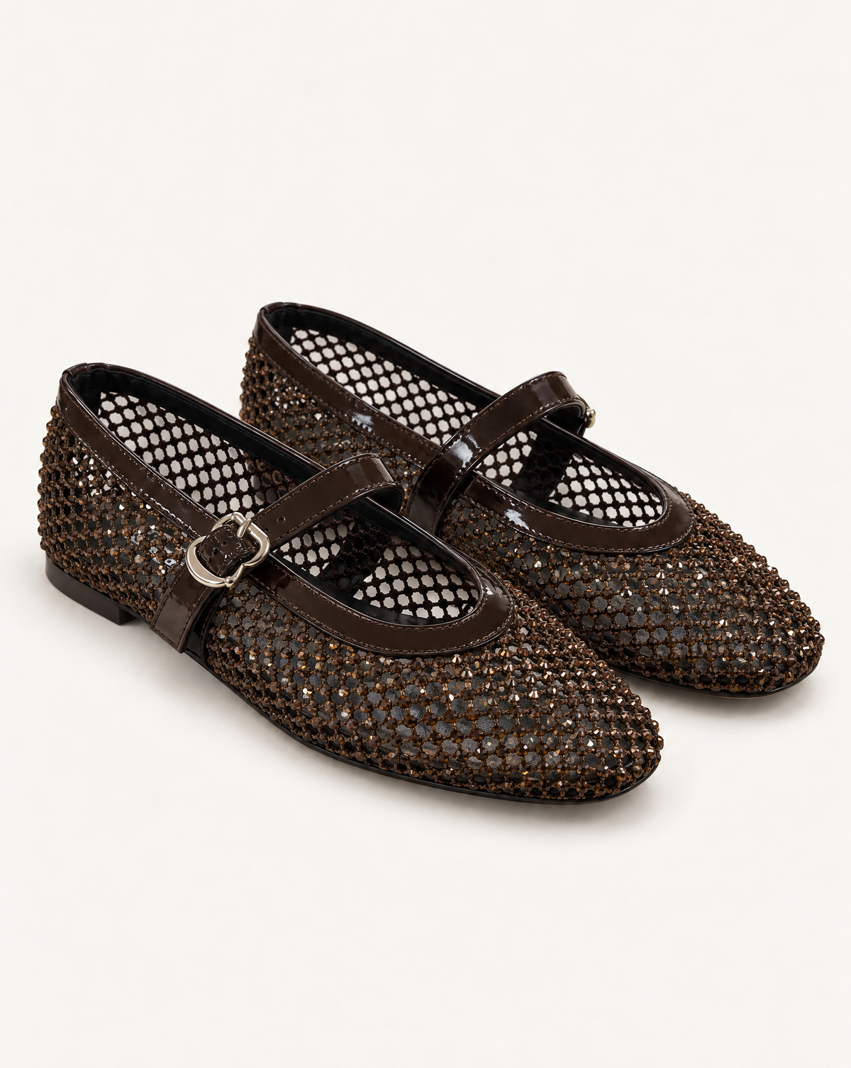 Ballerine Mary Jane in rete con strass OM 648-26 Marrone – principale