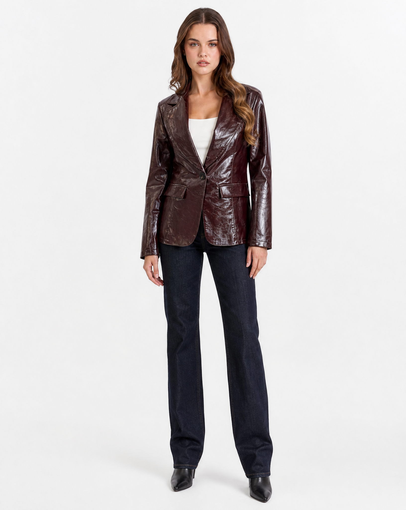 Blazer donna effetto pelle lucida bordeaux - vista frontale