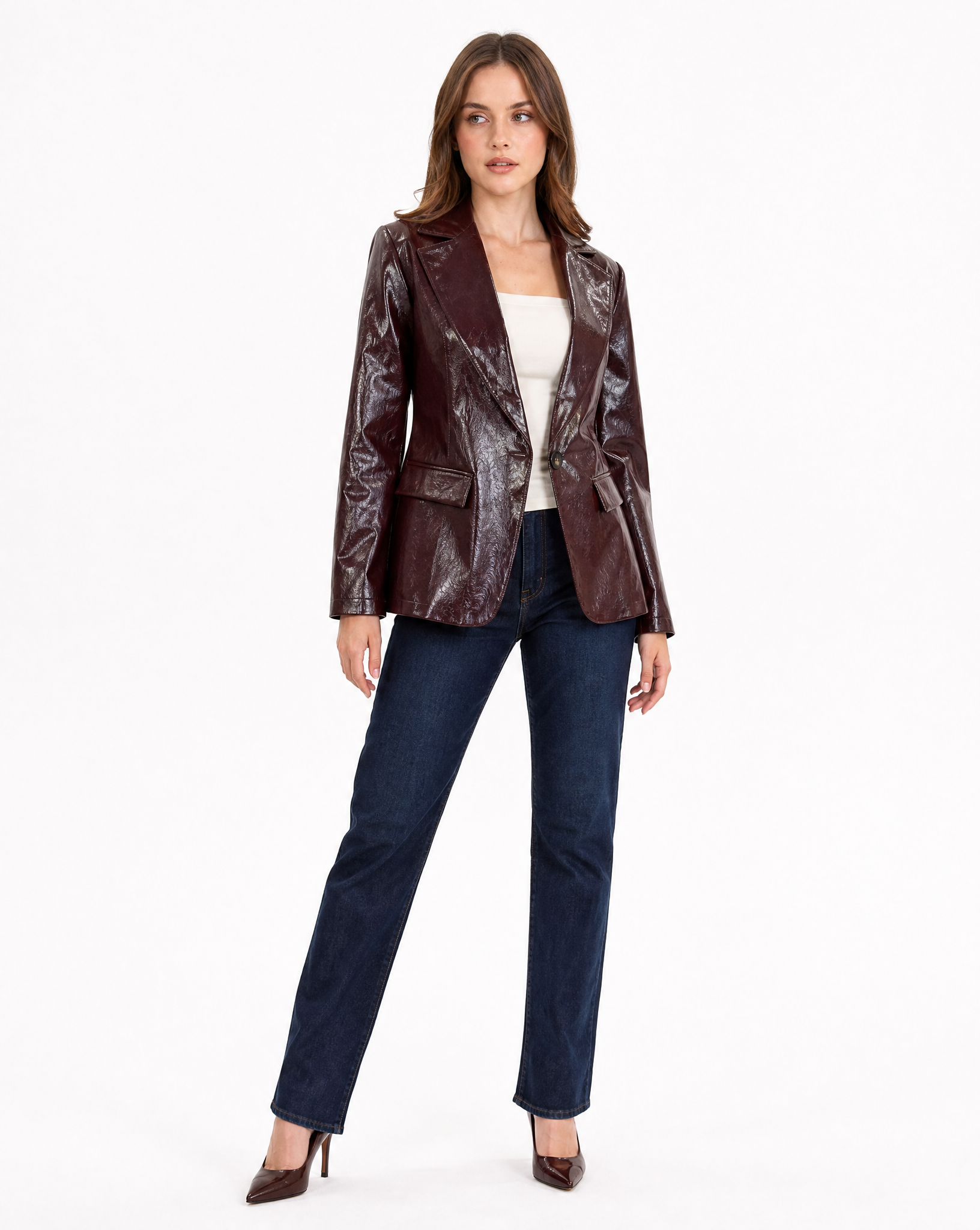 Blazer donna effetto pelle lucida bordeaux - vista tre quarti