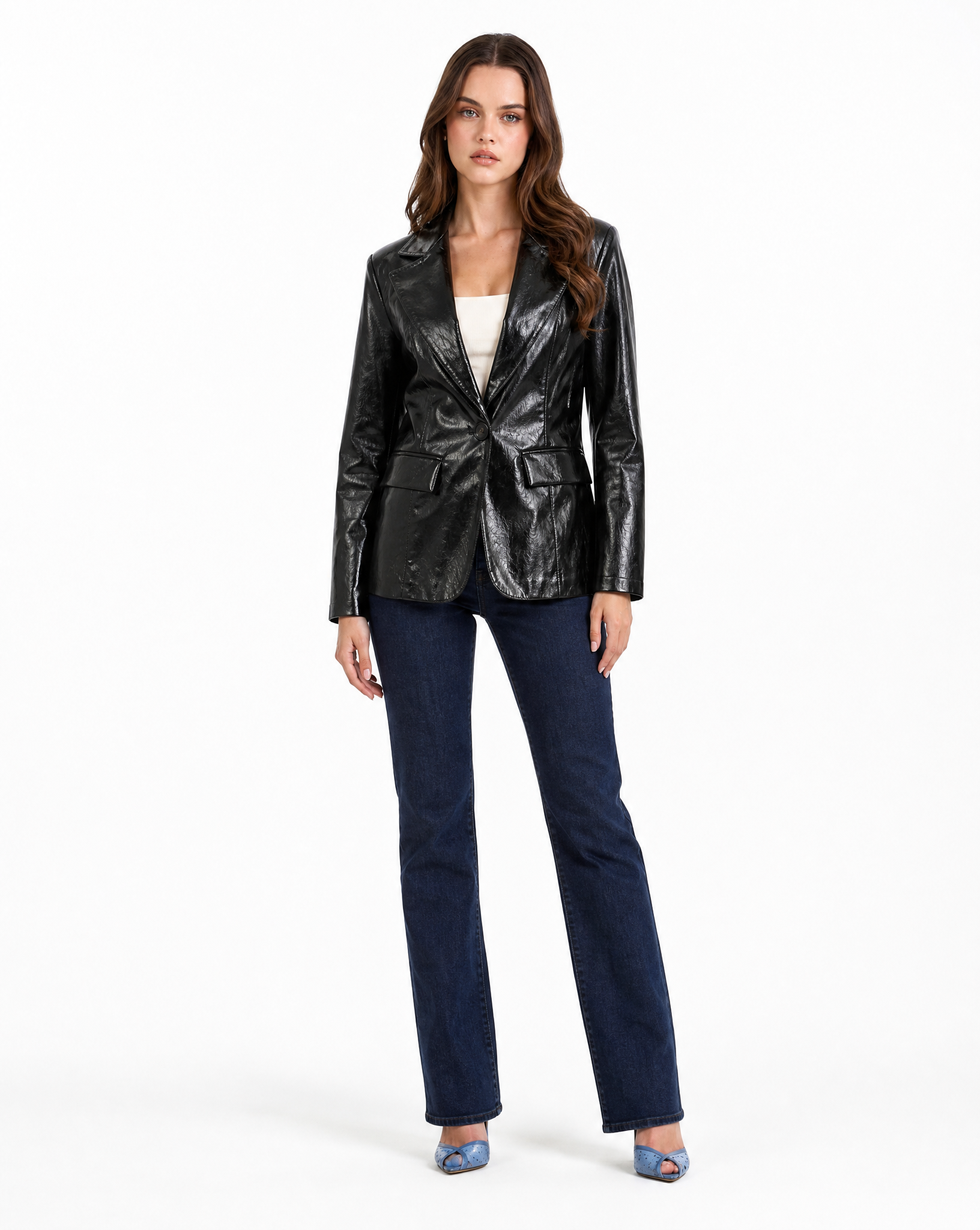 Blazer donna effetto pelle lucida nero - vista frontale