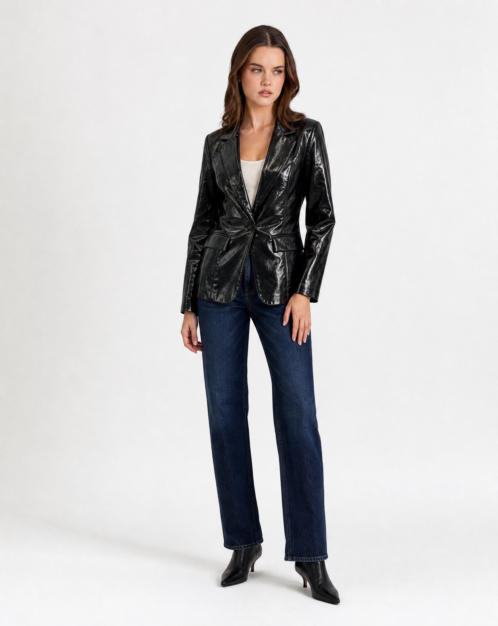 Blazer donna effetto pelle lucida nero - vista tre quarti