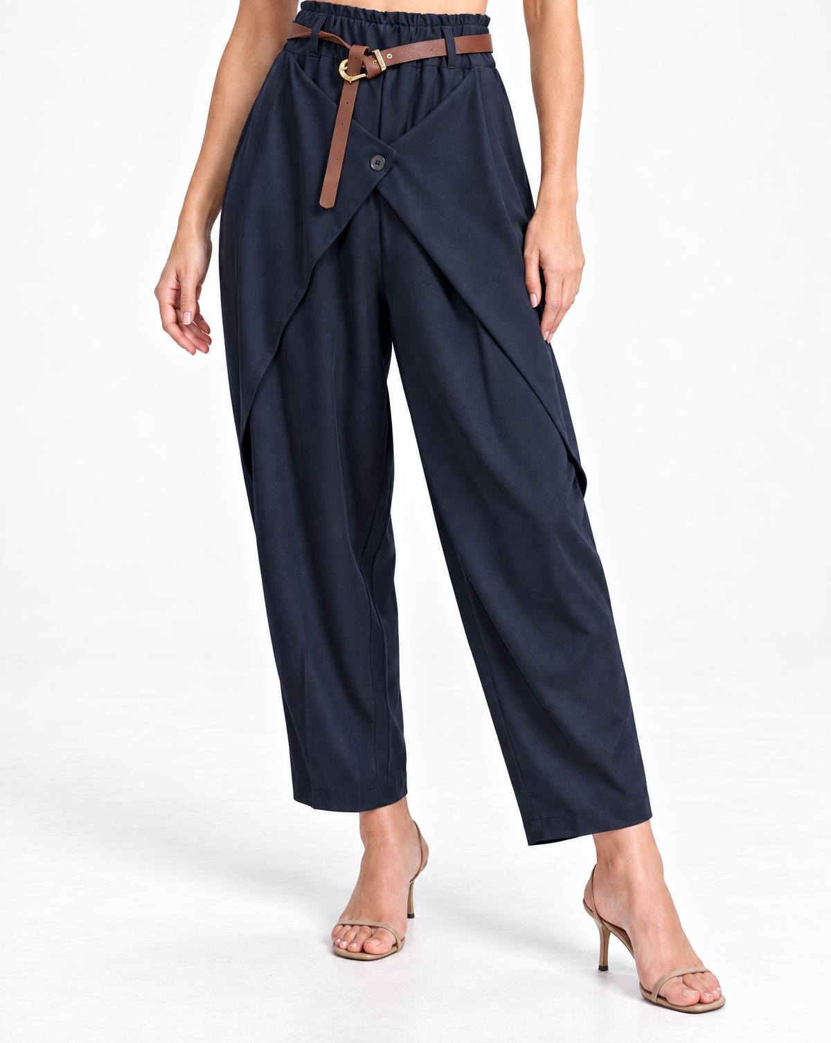Pantalone donna drappeggiato blu con cintura – Polly 5 – dettaglio