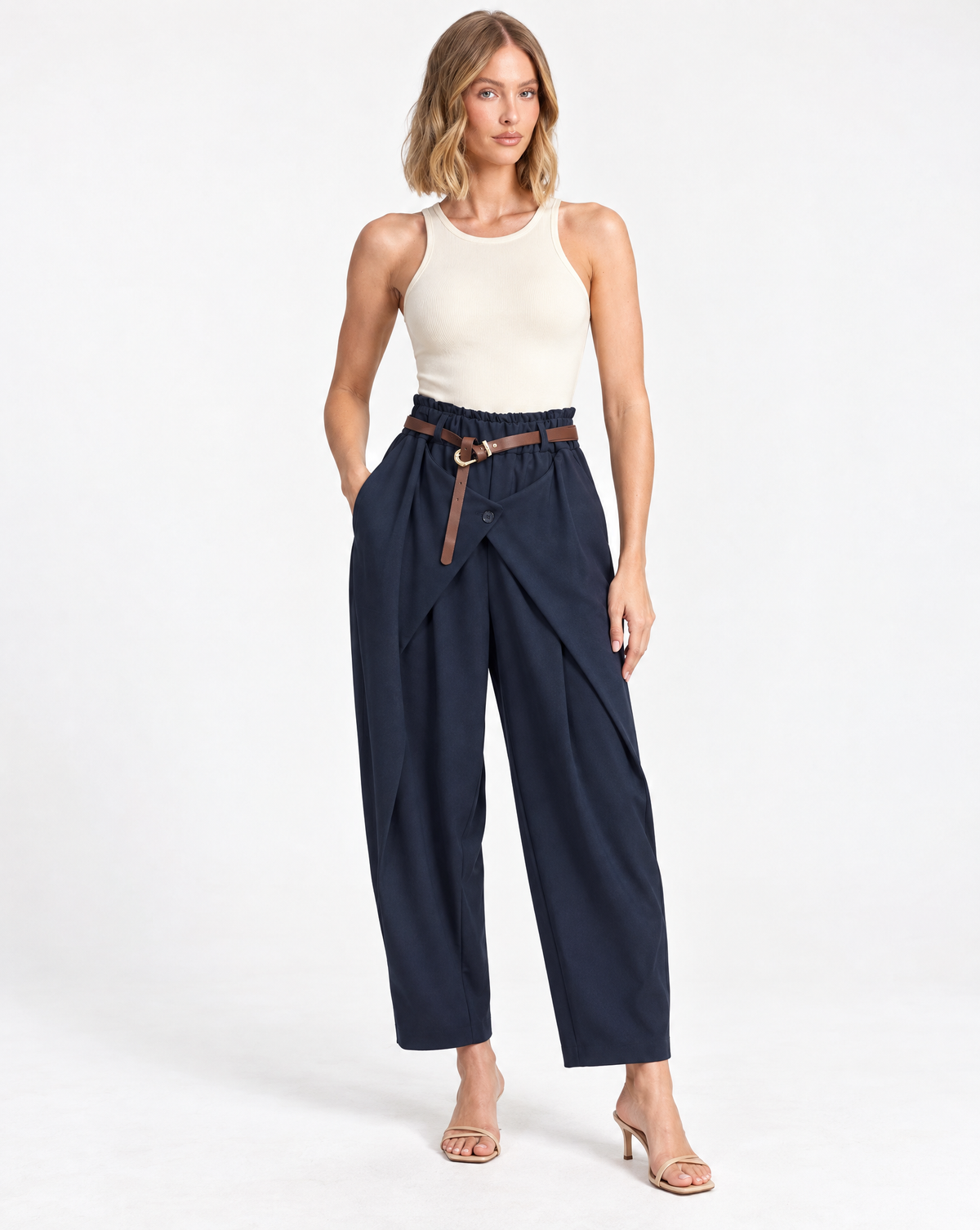 Pantalone donna drappeggiato blu con cintura – Polly 5 – frontale