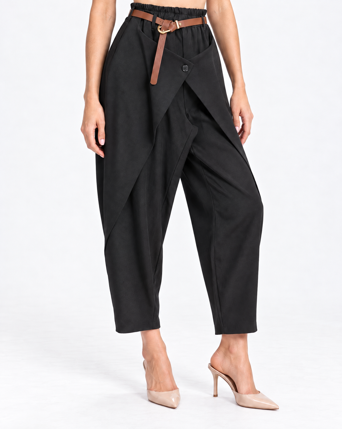 Pantalone donna drappeggiato nero con cintura – Polly 5 – dettaglio