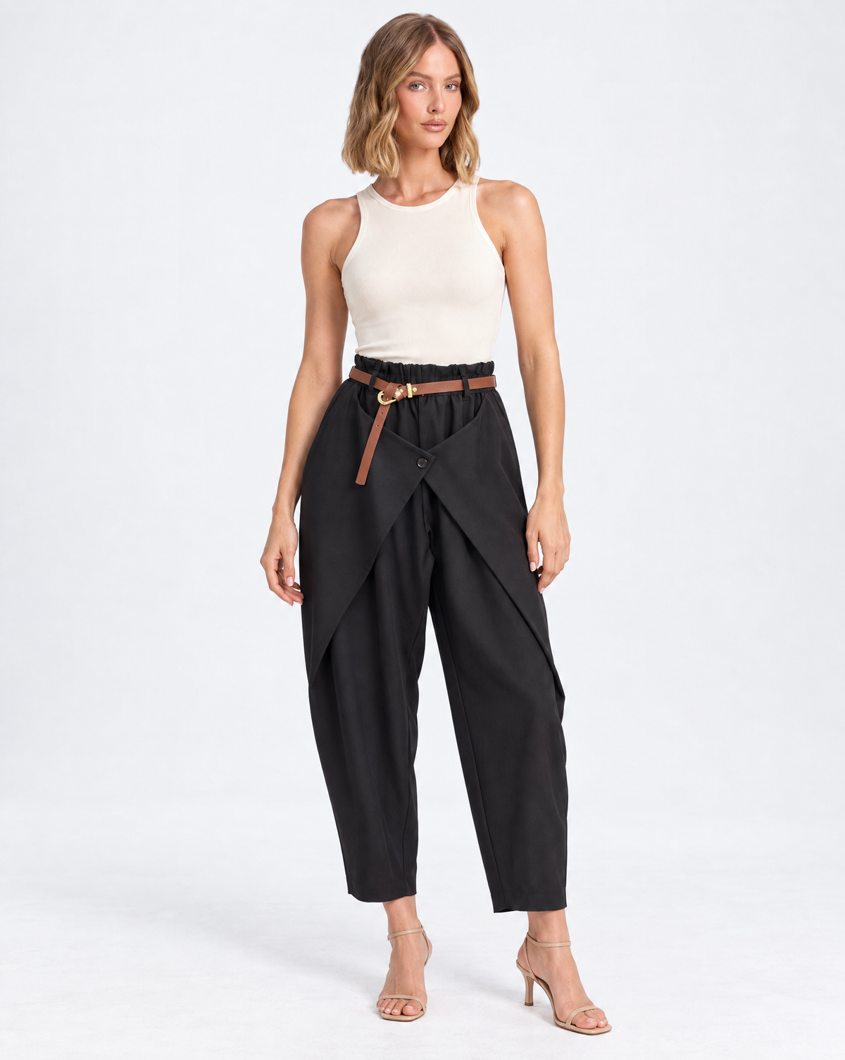Pantalone donna drappeggiato nero con cintura – Polly 5 – frontale