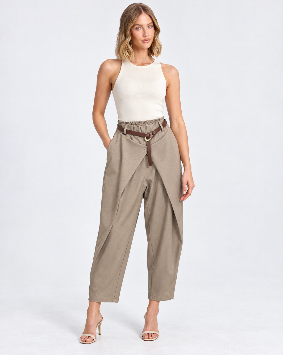 Pantalone donna drappeggiato taupe con cintura – Polly 5 – frontale