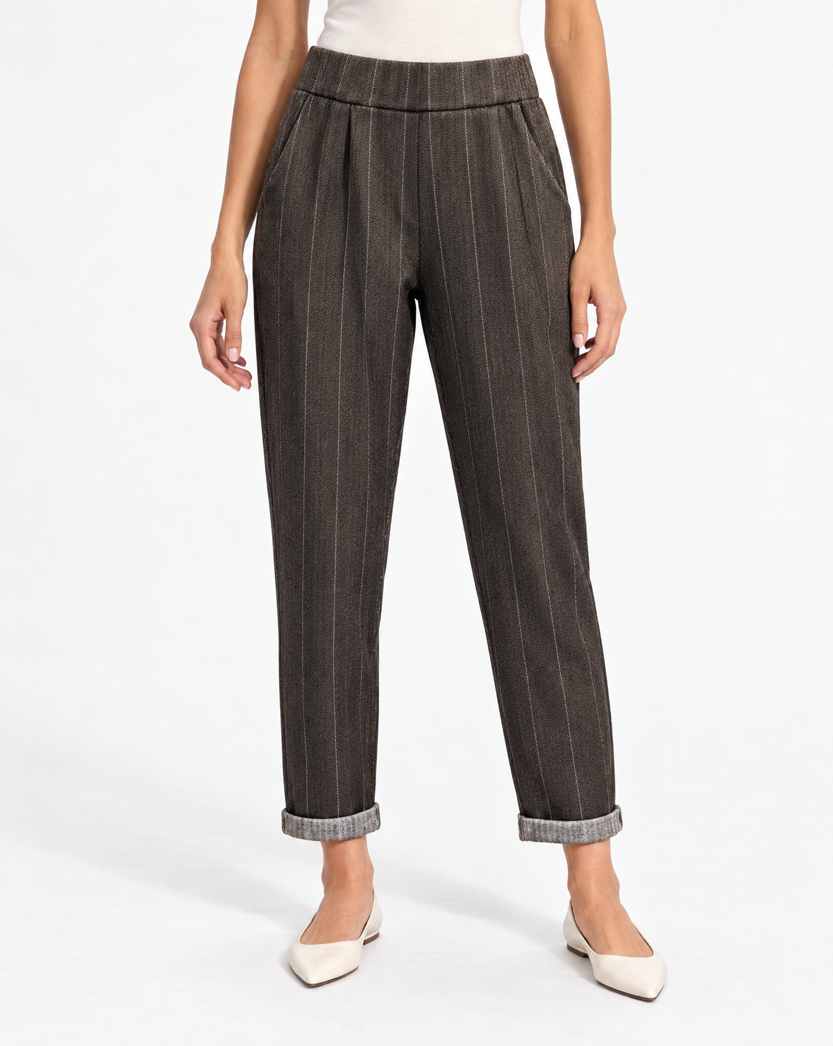 Pantalone donna gessato a sigaretta marrone – Polly 6 – frontale