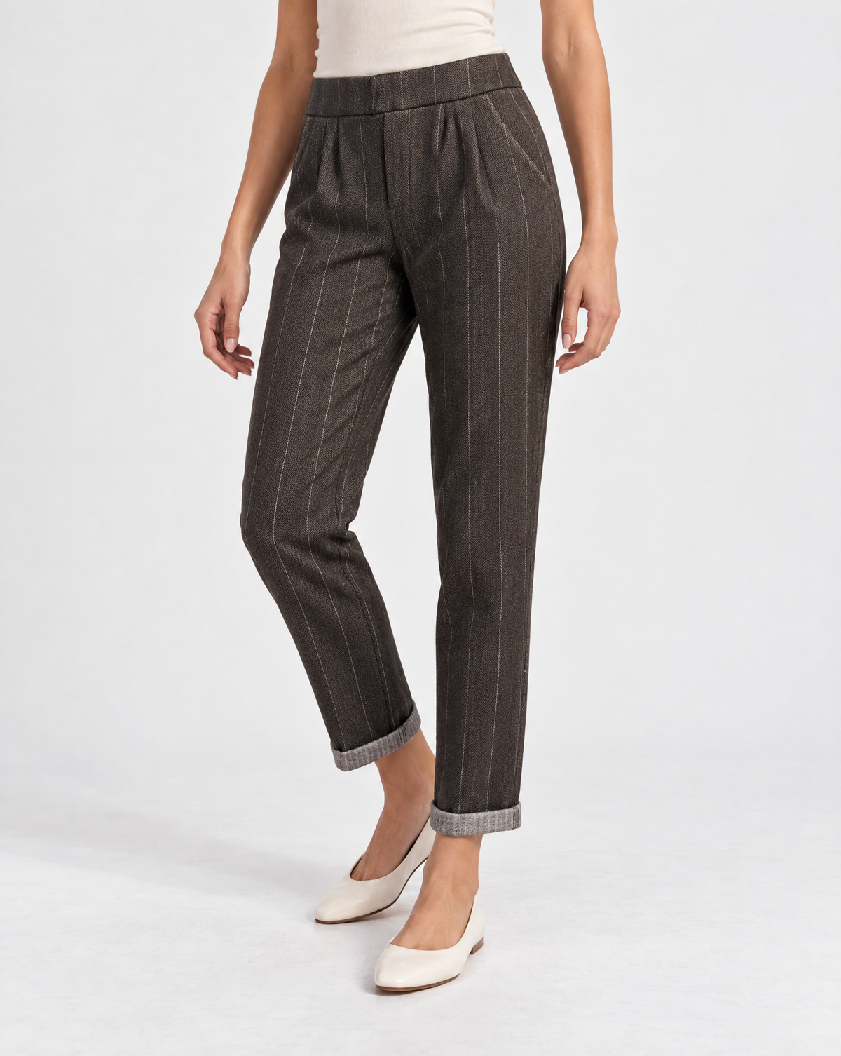 Pantalone donna gessato a sigaretta marrone – Polly 6 – tre-quarti