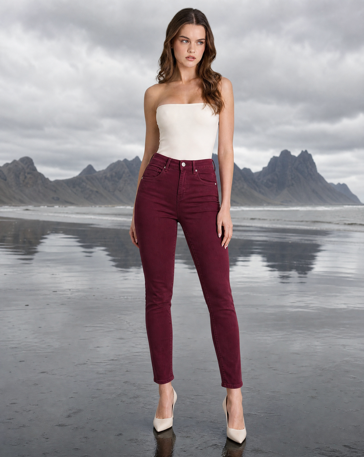 Pantaloni donna push-up slim MK5779-16 bordeaux vista frontale