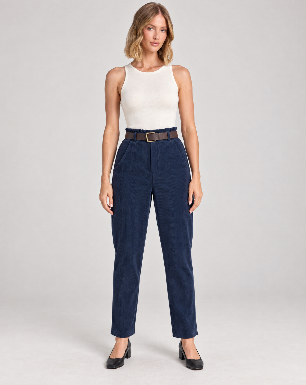 Pantaloni donna in velluto a coste blu con cintura 15081, Polly 5 – vista frontale