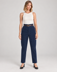 Pantaloni donna in velluto a coste blu con cintura 15081, Polly 5 – vista frontale