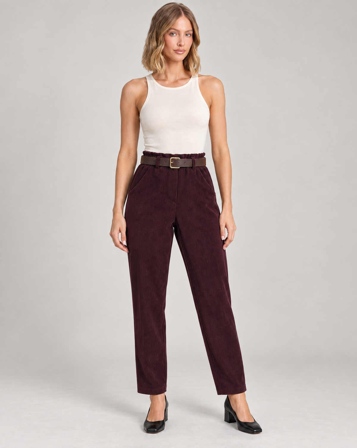 Pantaloni donna in velluto a coste bordeaux con cintura 15081, Polly 5 – vista frontale