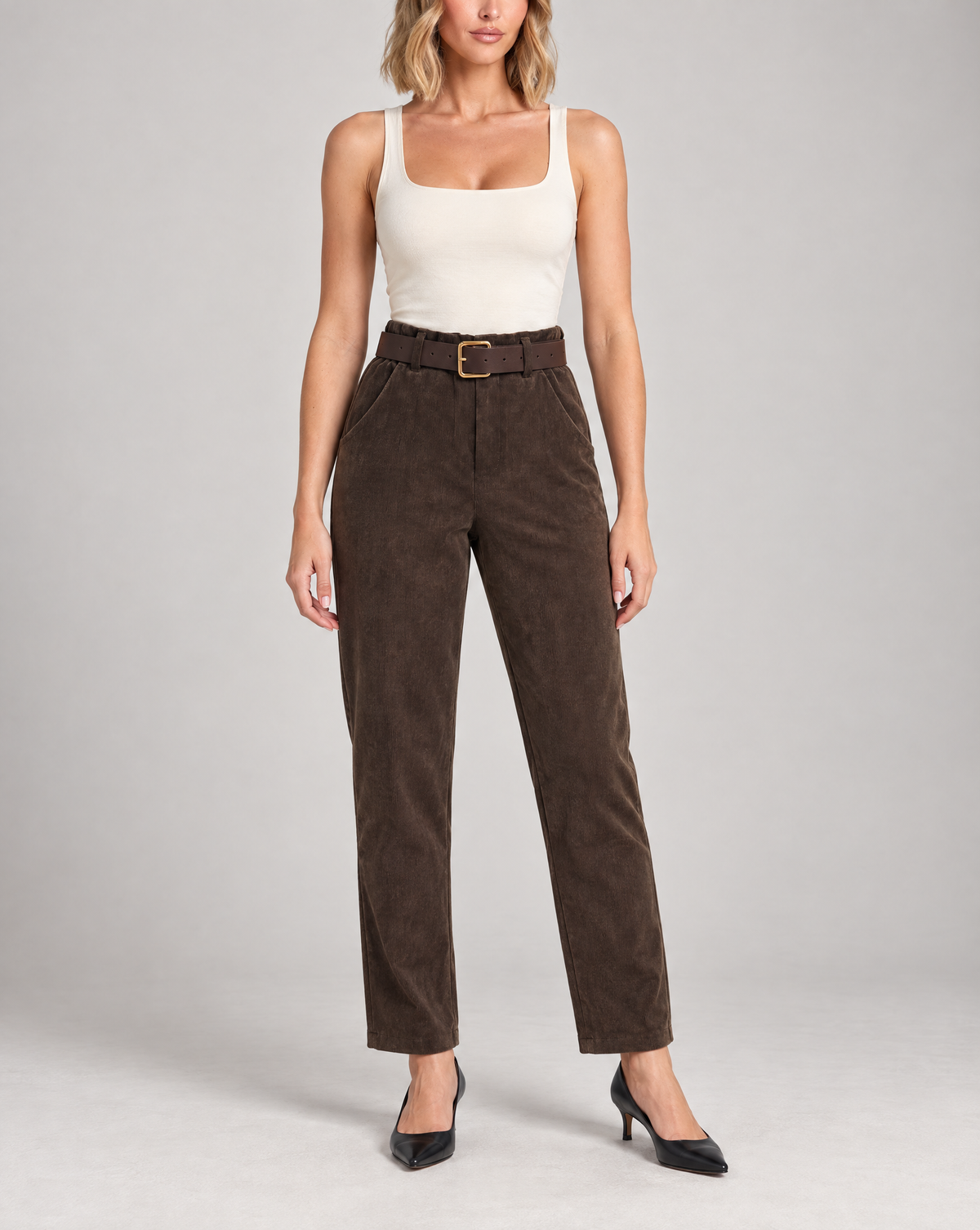 Pantaloni donna in velluto a coste marrone con cintura 15081, Polly 5 – vista frontale