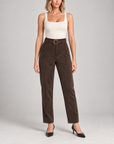 Pantaloni donna in velluto a coste marrone con cintura 15081, Polly 5 – vista frontale