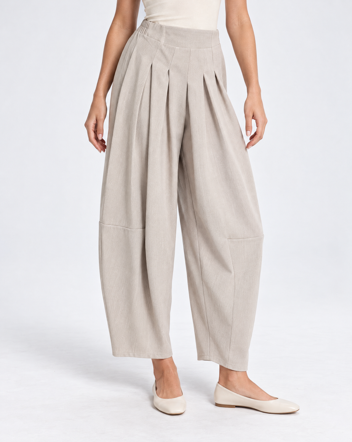 Pantaloni donna ampi con pinces beige – Polly 5 – tre-quarti