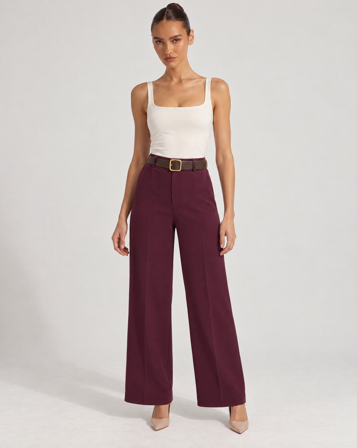 Pantaloni donna bordeaux a gamba ampia con cintura, Polly 6 – vista frontale