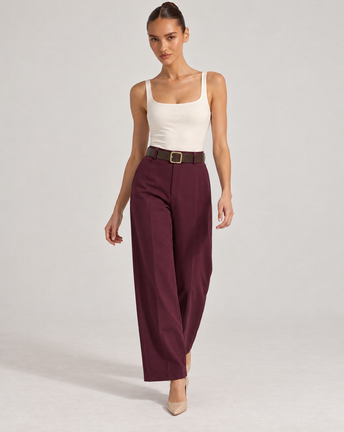 Pantaloni donna bordeaux a gamba ampia con cintura, Polly 6 – vista di tre quarti