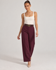 Pantaloni donna bordeaux a gamba ampia con cintura, Polly 6 – vista di tre quarti