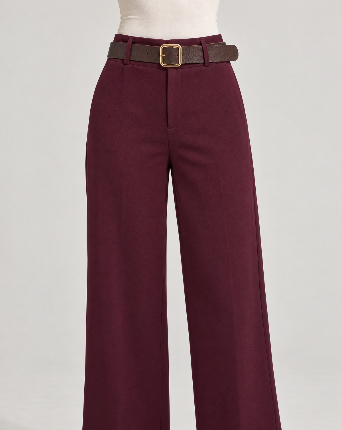 Pantaloni donna bordeaux a gamba ampia con cintura, Polly 6 – dettaglio vita e cintura