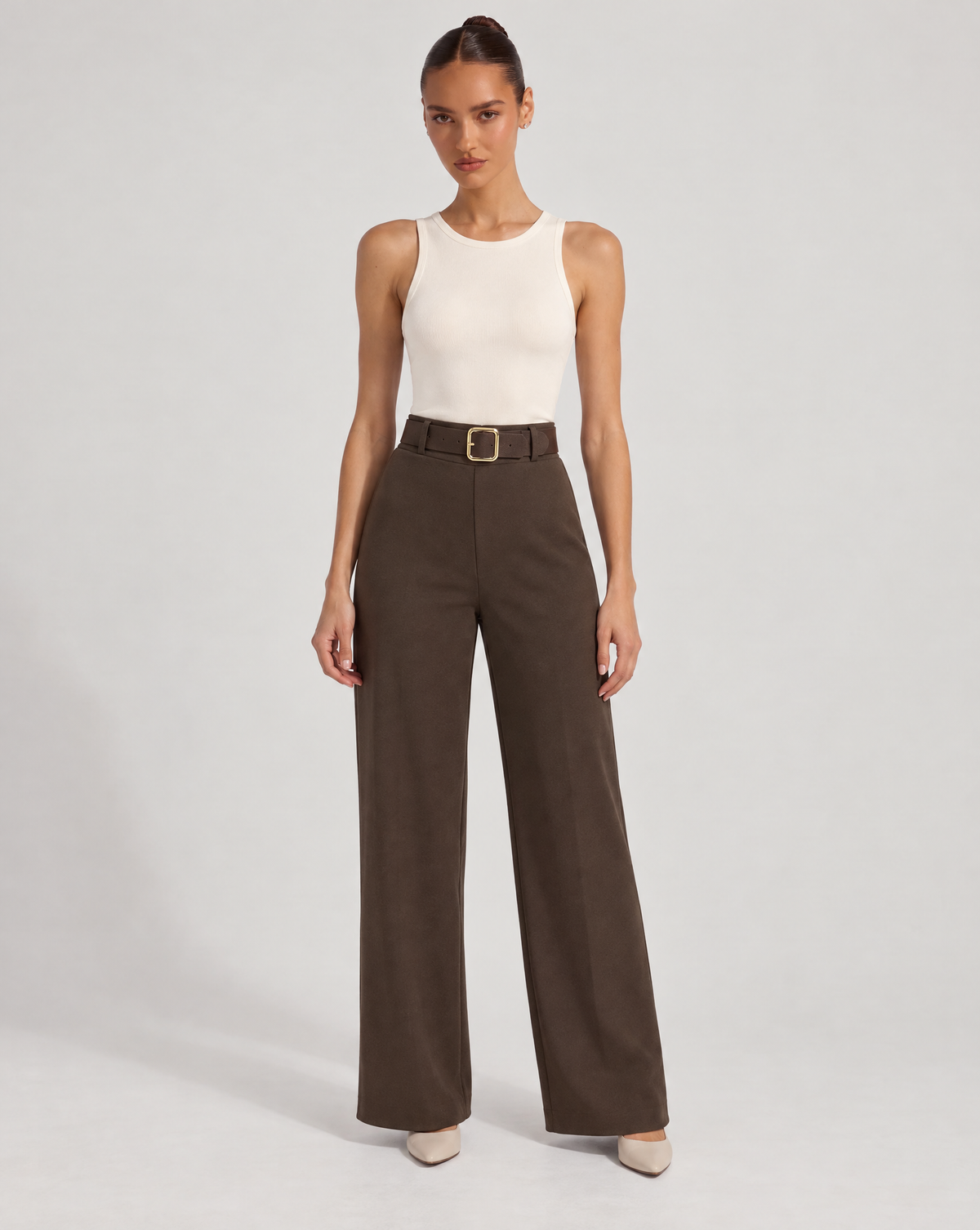 Pantaloni donna marrone a gamba ampia con cintura, Polly 6 – vista frontale