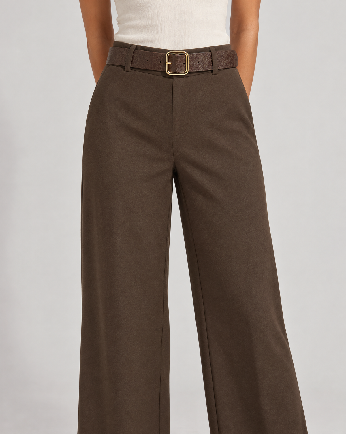 Pantaloni donna marrone a gamba ampia con cintura, Polly 6 – dettaglio vita e cintura