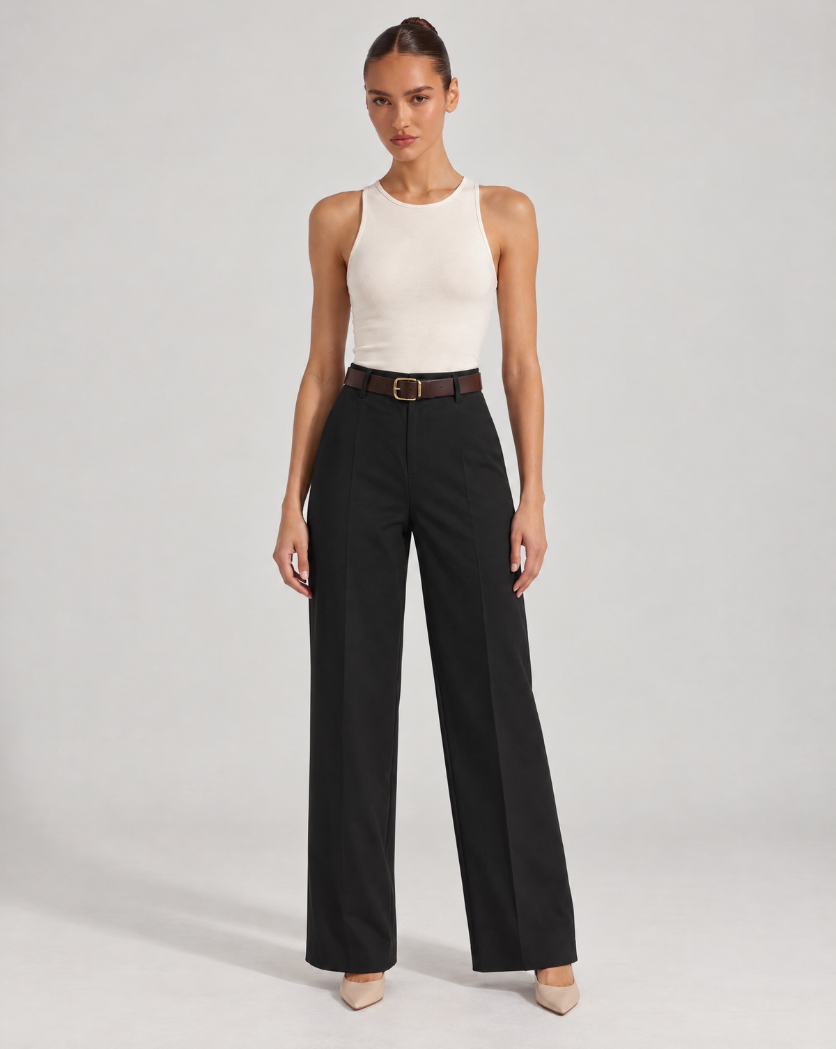 Pantaloni donna nero a gamba ampia con cintura, Polly 6 – vista frontale