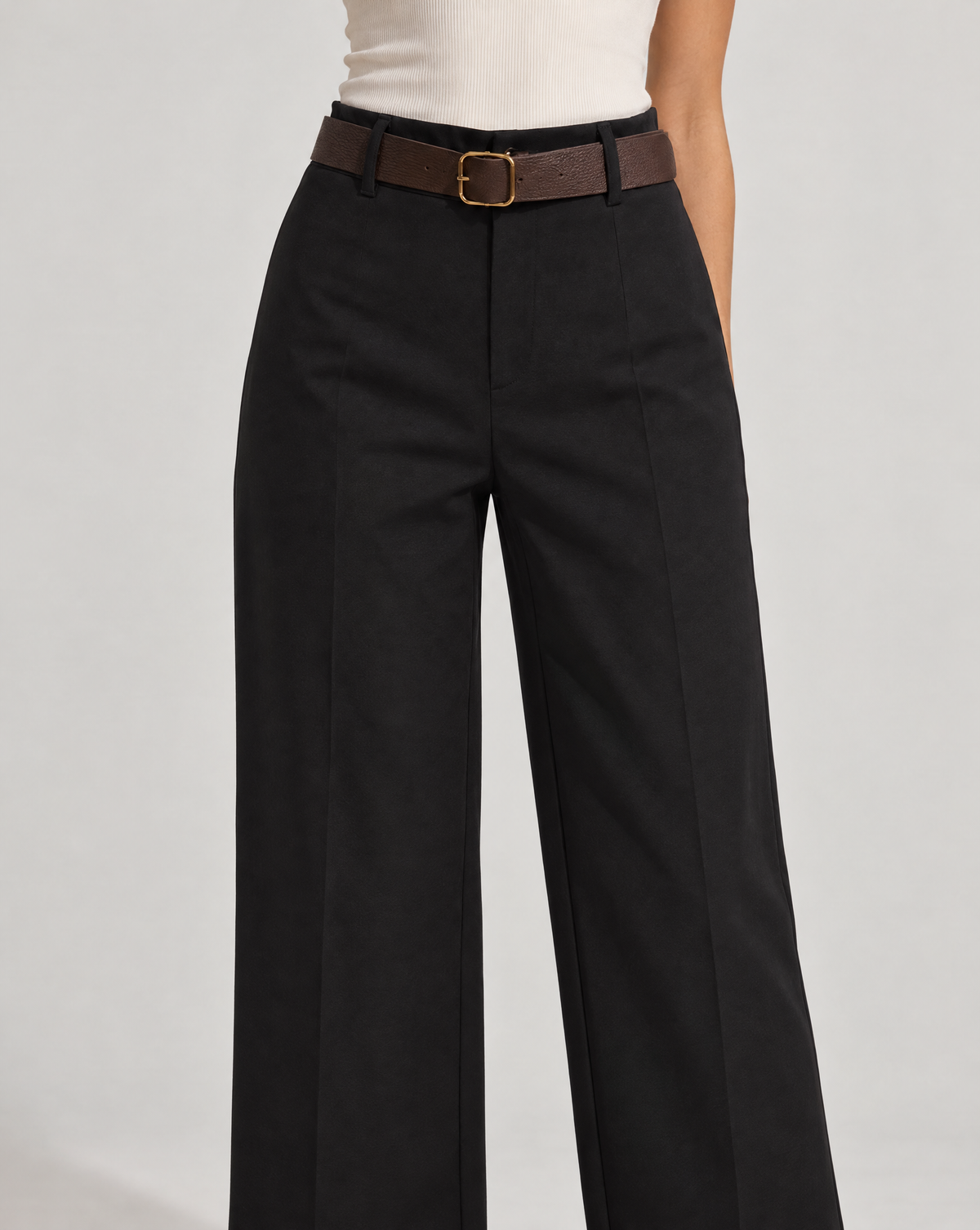 Pantaloni donna nero a gamba ampia con cintura, Polly 6 – dettaglio vita e cintura