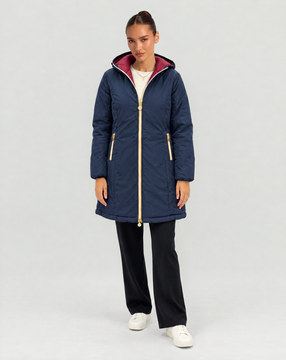 Piumino lungo reversibile Double Face - Blu - Bordeaux - lato liscio - Polly 6
