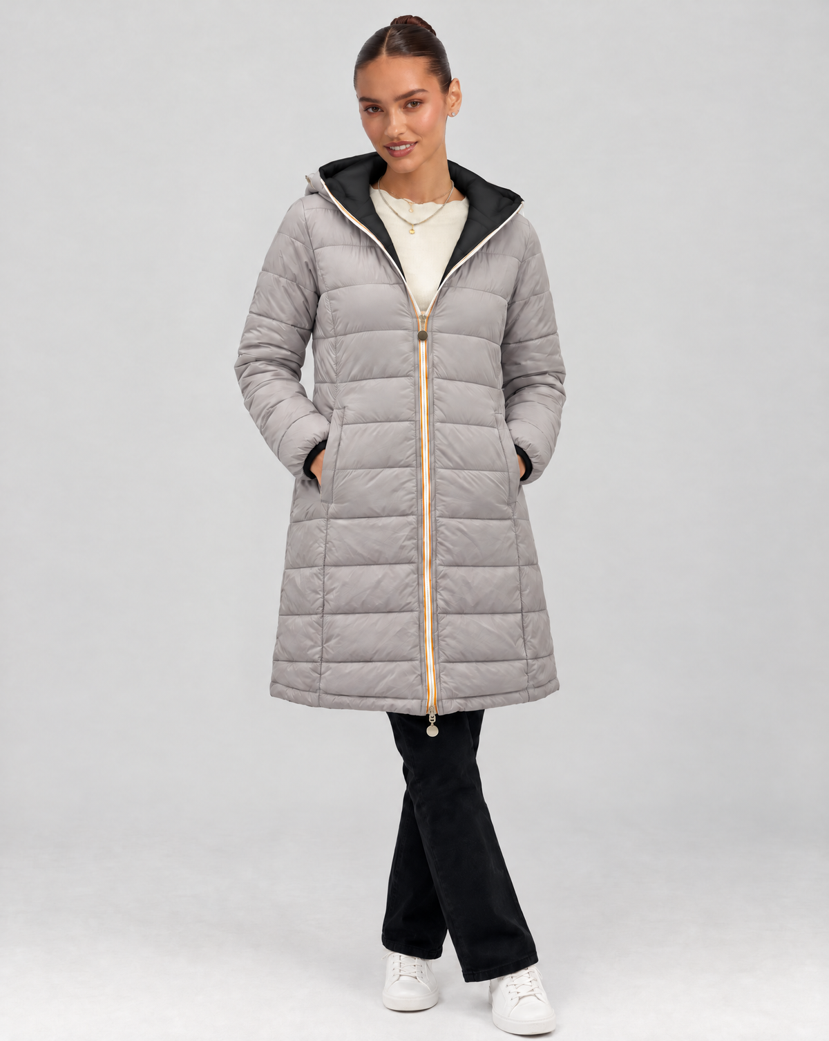 Piumino lungo reversibile Double Face - Nero - Grigio - lato trapuntato reverse - Polly 6