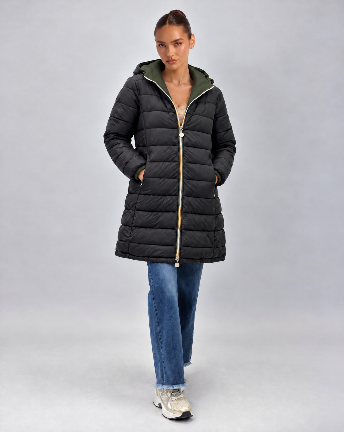 Piumino lungo reversibile Double Face - Verde - Nero - lato trapuntato reverse - Polly 6