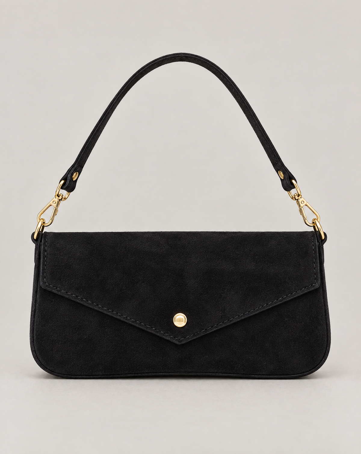 Pochette A2 in vera pelle scamosciata nera – vista frontale su sfondo neutro