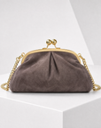 Pochette in vera pelle scamosciata taupe vista frontale